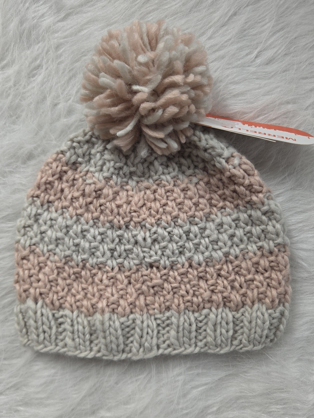 Merrell Women's Knit Pom-Pom Beanie Striped Gray/Pink One Size Wool Blend